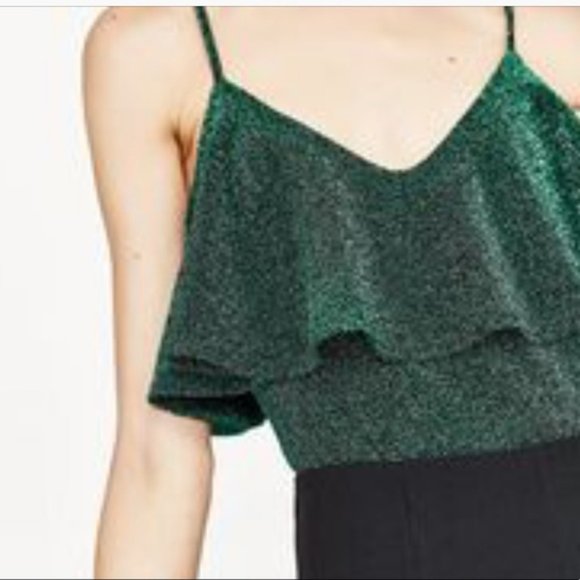 Zara Emerald Green Glitter Ruffle Bodysuit S - Picture 4 of 16